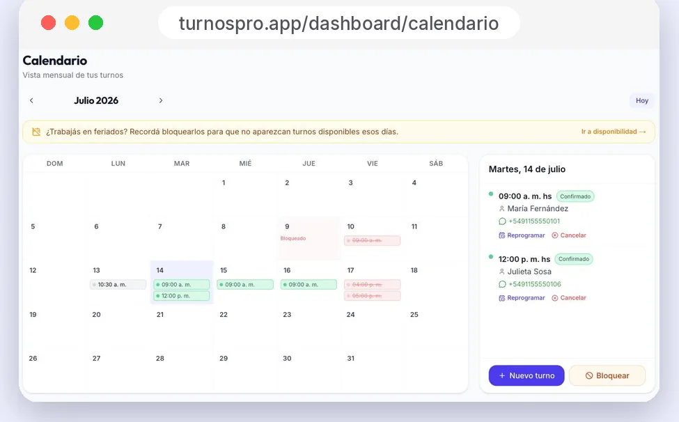 Calendario mensual del panel de Turnos Pro con los turnos confirmados de cada día.