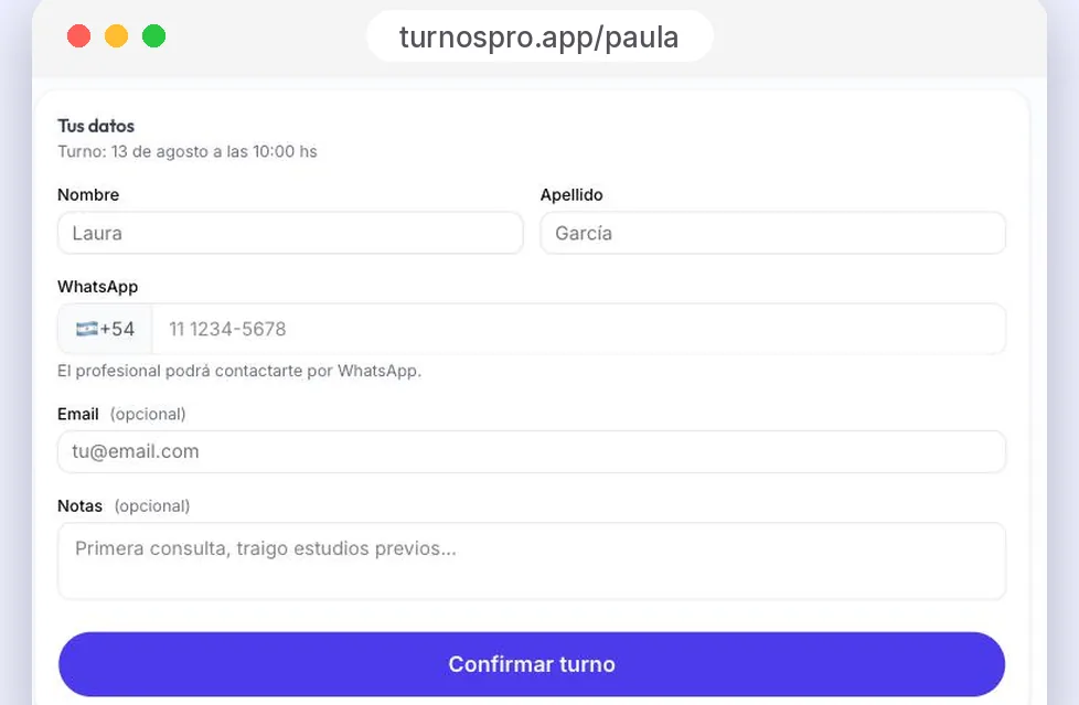 Formulario donde el paciente deja su nombre, WhatsApp y email para confirmar el turno.