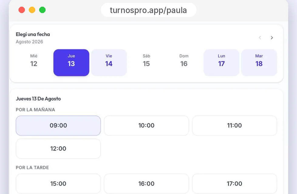 El paciente elige un horario disponible entre los que muestra la agenda.