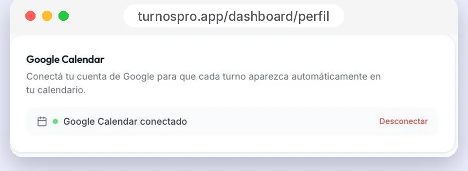 Conexión con Google Calendar activada en el panel de Turnos Pro.