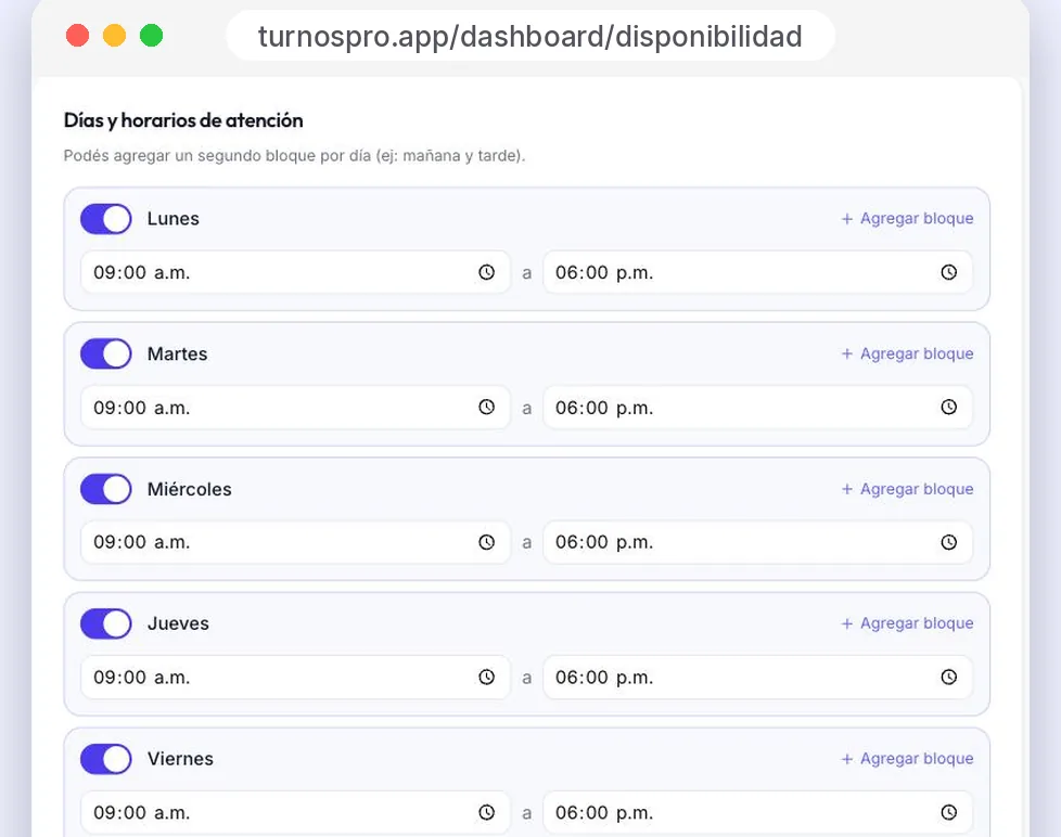 Pantalla de disponibilidad de Turnos Pro con los días y horarios de atención cargados por franjas de mañana y tarde.