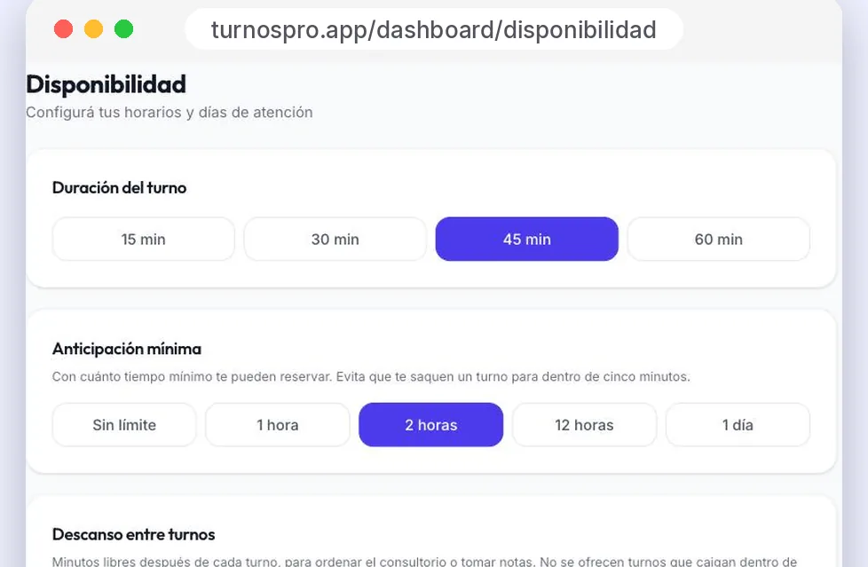 Configuración de duración del turno, antelación mínima y descanso entre pacientes.